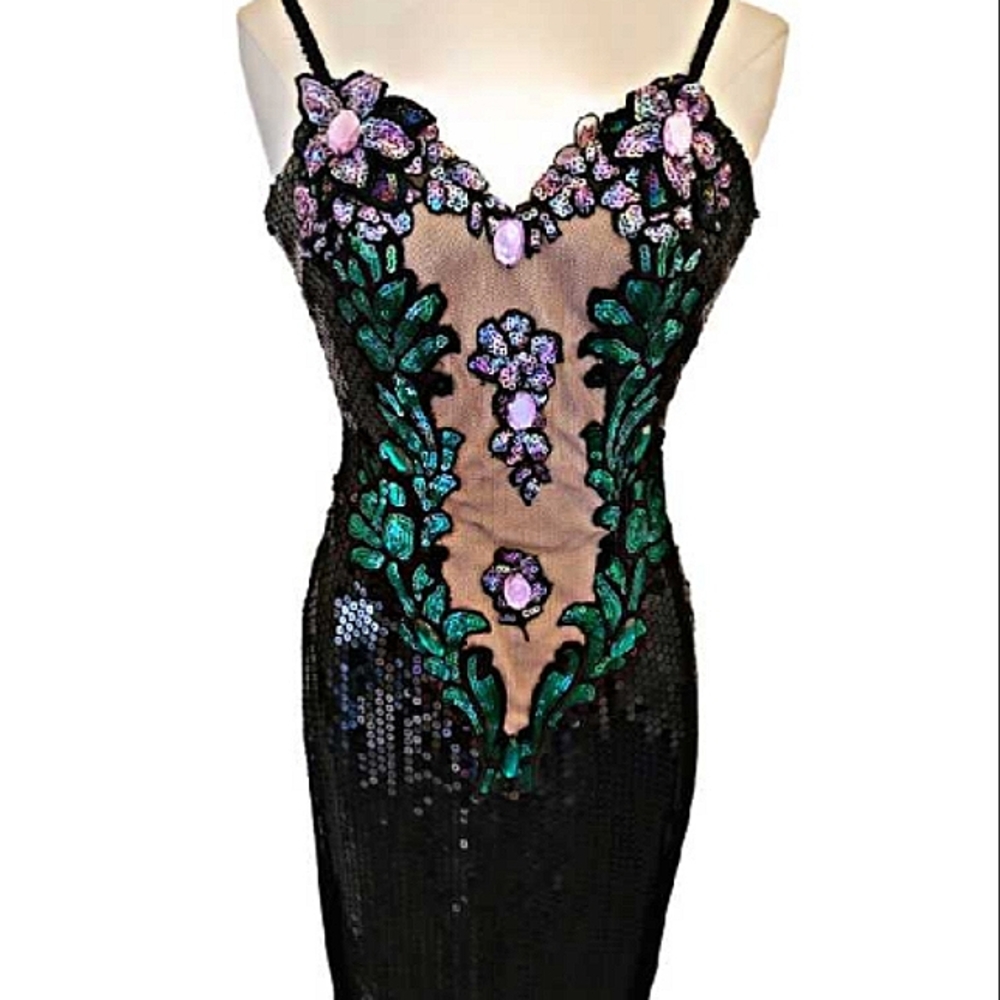 VINTAGE SPECTACULAR Custom Made | Black Sequin & Jeweled Gown. SZ 6